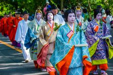 Participants in Aoi Matsuri in Kyoto, Japan on May 15 2018. Aoi Mastsuri is one of the three main annual festivals held in Kyoto, Japan