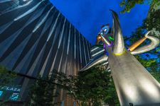 Night view of Wakai tokei-dai (Young Clock Tower) sculpture by Taro Okamoto. Located in Sukiyabashi par