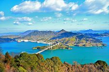 Superb view of Hakatajima island and Oshima Ohashi bridge from Kareiyama observatory park of Oshima island in Imabari city, Ehime prefecture, Japan