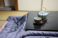 Green tea served on a kotatsu in Japan.