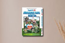 Cover komik Doraemon Movie Story: Dinosaurus Baru Nobita yang menceritakan petualangan Nobita dan kawan-kawan di zaman kapur bersama dinosaurus kembar peliharaan Nobita, Kyu dan Myu.