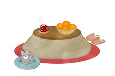 Ilustrasi kotatsu, mikan, dan kucing yang menjadi simbol kehangatan saat musim dingin di Jepang.