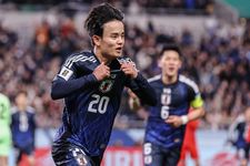 Takefusa Kubo mencetak gol untuk Timnas Jepang saat melawan Bahrain pada Kualifikasi Piala Dunia 2026 pada 20 Maret 2025.