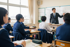 Ilustrasi guru sedang mengajar siswa sekolah menengah atas (SMA) di Jepang.