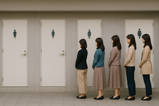Ilustrasi perempuan di Jepang antre di depan toilet umum.