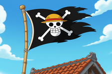 Ilustrasi bendera One Piece yang disebut The Straw Hat. Ilustrasi ini dibuat menggunakan AI.