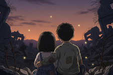 Ilustrasi kakak beradik di tengah bangunan hancur akibat perang. Ilustrasi ini dibuat menggunakan AI.