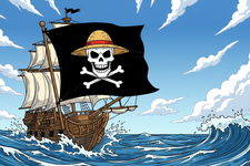 Ilustrasi Jolly Roger, bendera bajak laut. Kru bajak laut Monkey D. Luffy juga mempunyai bendera bernama Straw Hat Jolly Roger. Ilustrasi ini dibuat menggunakan AI.