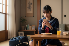 Ilustrasi siswa sekolah di Jepang menggunakan smartphone. Kota Toyoake di Jepang menerapkan aturan batasan screen time dua jam per hari. Ilustrasi ini dibuat menggunakan AI.