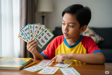 Ilustrasi seorang anak belajar angka menggunakan flash card. Ilustrasi ini dibuat menggunakan AI.