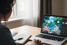 Ilustrasi orang belajar Bahasa Jepang dari lagu anime. Ilustrasi ini dibuat menggunakan AI.