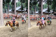 Suasana pertandingan yabusame atau panahan berkuda tradisional di Kota Hachinohe, Prefektur Aomori, Jepang.
