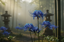 Ilustrasi blue spider lily, bunga yang hanya ada di dunia anime dan sastra Jepang. Ilustrasi ini dibuat menggunakan AI.