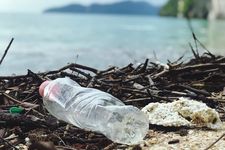 Ilustrasi sampah botol plastik terdampar di pinggir laut.