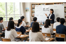 Ilustrasi guru mengajarkan kosakata Bahasa Jepang tada kepada murid. Ilustrasi ini dibuat menggunakan AI.