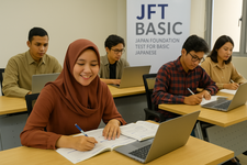 Ilustrasi orang Indonesia mengikuti ujian Bahasa Jepang JFT Basic. (Ilustrasi oleh AI)