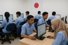 Ilustrasi calon pekerja Indonesia melakukan ujian berbasis komputer. (Ilustrasi oleh AI)
