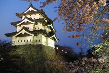 Menara Hirosaki Castle di Kota Hirosaki, Prefektur Aomori, dan penerangan bunga sakura pada malam hari (difoto di dalam Taman Hirosaki selama periode Festival Bunga Sakura Hirosaki).