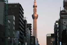 Tokyo Skytree saat senja dari pandangan jalan kota.