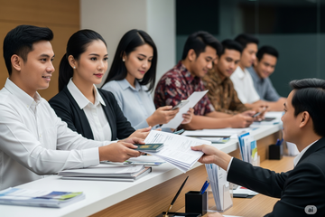 Ilustrasi calon pekerja menyerahkan paspor dan dokumen untuk pengajuan visa kerja. Ilustrasi ini dibuat menggunakan AI.