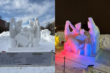 Patung salju Tari Merak karya Garuda Sculpture Indonesia dalam ajang International Snow Sculpture Contest 2026 di Sapporo, Hokkaido, Jepang.