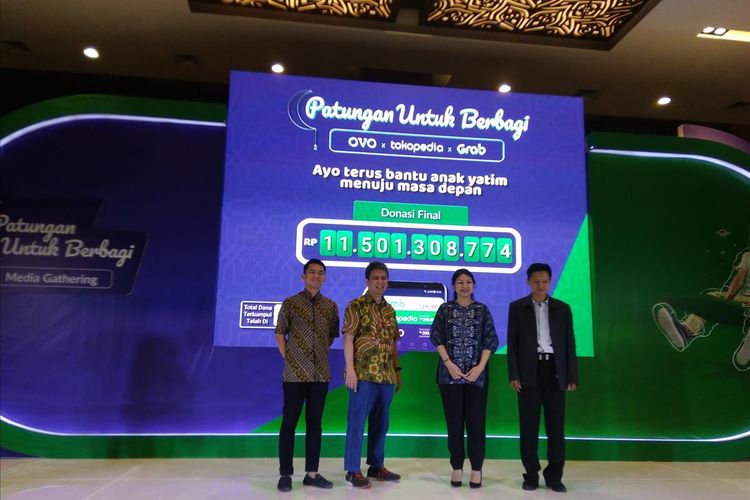 Grab, OVO, dan Tokopedia mengumumkan donasi yang terkumpul dalam sebulan untuk anak yatim, dhuafa, dan tidak mampu sebesar Rp 11,5 miliar di Sopo Del Tower Jakarta, Kamis (13/6/2019).