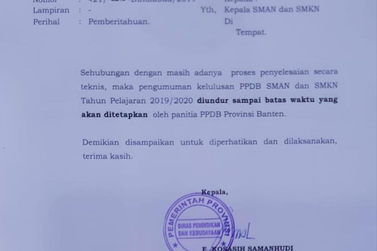 Surat edaran dari Dinas Pendidikan dan Kebudayaan Provinsi Banten mengenai penundaan pengumuman hasil PPDB SMA/SMK