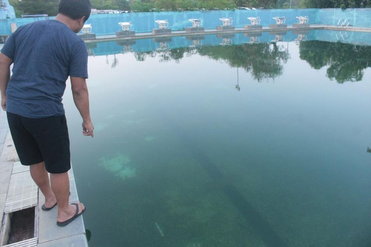 Kondisi air di venue Aquatic Kompleks Jakabaring Sport (JSC) Palembang menjadj bewarna hijau akibat dipenuhi lumut. Hal itu disebabkan karena pompa air yang ada didalam kolam tak dapat hidup akibat listrik diputus oleh pihak PLN, Selasa (2/7/2019).