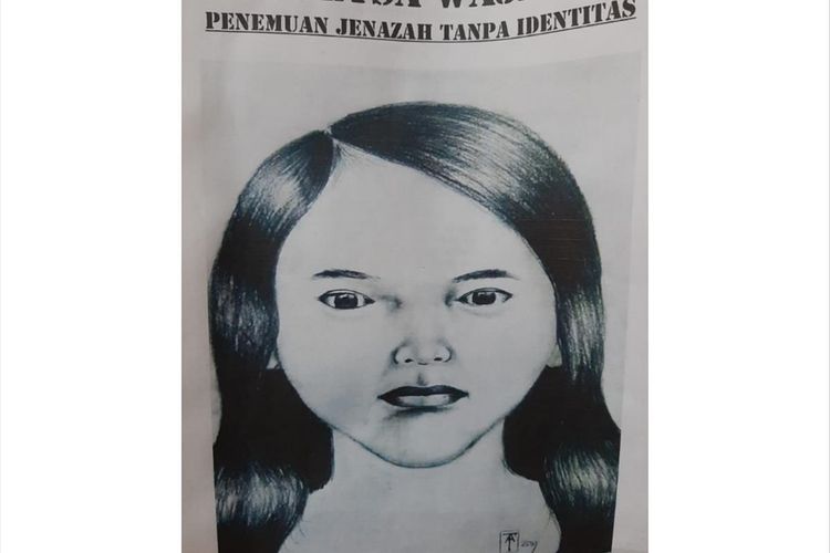 Sketsa Wajah Jenazah Wanita Hamil tanpa identita yang ditemukan di pinggir Tol Jagorawi, Selasa (2/7/2019).