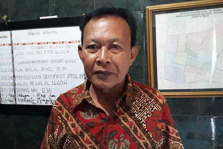 Ketua RW 001, Kelurahan Pondok Bambu, Duren Sawit, Jakarta Timur Soenarto, Rabu (10/7/2019).