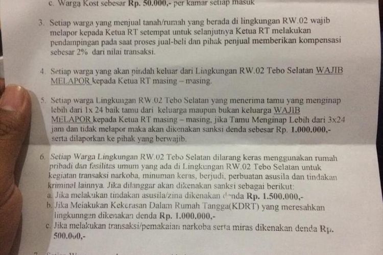 Selembaran bertuliskan tata tertib RW 2 Kelurahan Mulyorejo, Kota Malang yang menuai kontroversial.