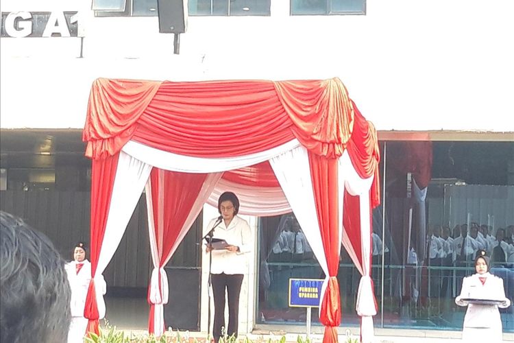 Menteri Keuangan Sri Mulyani Indrawati ketika menjadi pembina upacara peringatan Hari Pajak di Jakarta, Senin (15/7/2019).