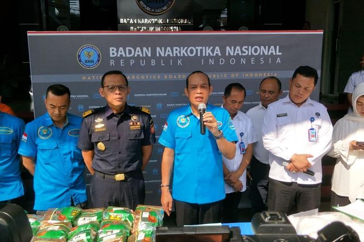 Konferebsi Pers Pengungkapan Peredaran 120 Kilogram Sabu dari Malaysia yang diselundupkan dari Jalur Laut di Kantor BNN, Cawang, Jakarta Timur, Selasa (23/7/2019).