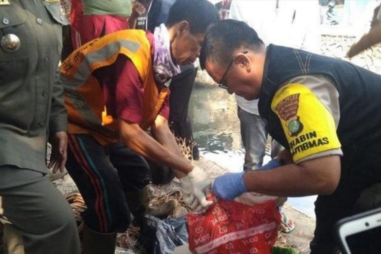 Polisi evakuasi jenazah bayi Perempuan yang ditemukan terbungkus plastik mengapung di Kali Baru, Kramat Jati, Jakarta Timur, Selasa (23/7/2019).