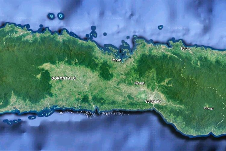 Peta google yang menunjukkan wilayah Provinsi Gorontalo. Di daratan ini terdapat patahan lokal yang melintang dari Kota Gorontalo di sisi selatan ke arah utara hingga Kabupaten Gorontalo Utara.