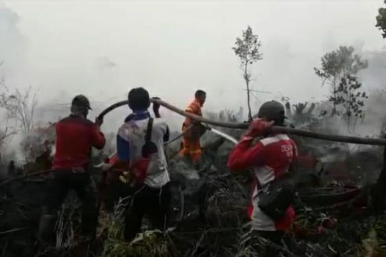 Tim Manggala Agni Daops Rengat melakukan pemadaman karhutla di Desa Penarikan, Kecamatan Langgam, Kabupaten Pelalawan, Riau, Senin (29/7/2019). Dok. Manggala Agni Daops Rengat