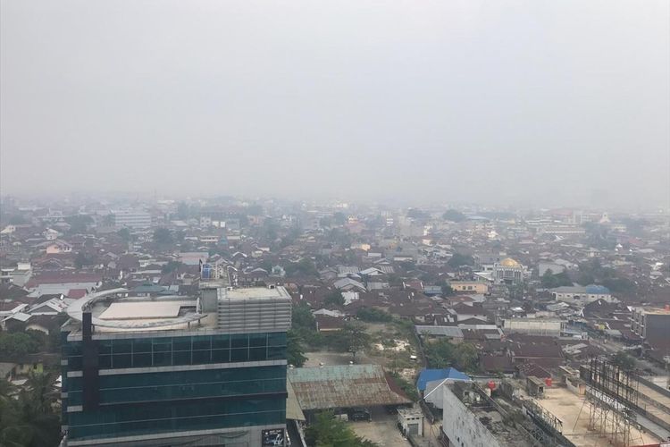 Kabut asap akibat karhutla terlihat jelas menyelimuti wilayah Kota Pekanbaru, Riau, Selasa (30/7/2019).