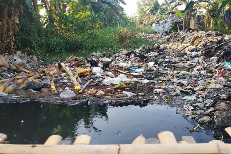 Tutupan sampah di Kali Busa atau Kali Bahagia mengendap di sisi utara, Kelurahan Babelan Kota, Kecamatan Babelan, Kabupaten Bekasi, hingga selevel dengan daratan.