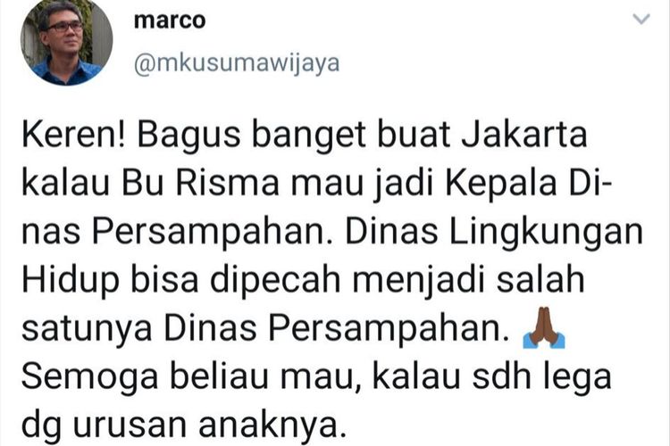 Cuitan Marco Kusumawijaya anggota TGUPP DKI Jakarta di Twitter yang dinilai Pemkot Surabaya menyerang pribadi Wali Kota Surabaya Tri Rismaharini.