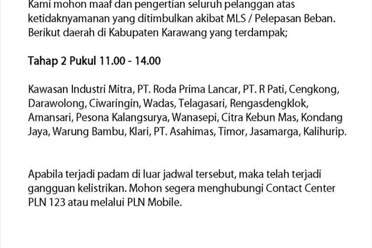 Sejumlah wilayah di Kabupaten Karawang masih mengalami pemadaman listrik bergilir, termasuk di kawasan industri, Senin (5/8/2019).