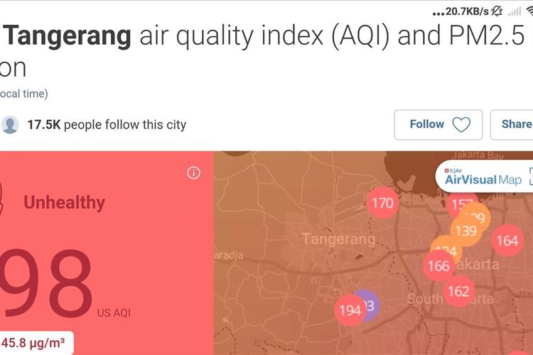 Bidik layar situs AirVisual, Senin (12/8/2019) pukul 08.30 pagi. Kualitas udara wilayah Tangerang Selatan 