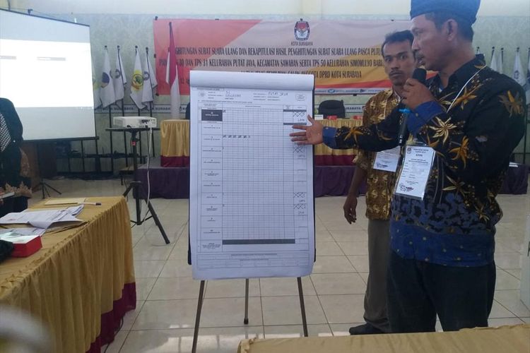 Penghitungan surat suara ulang Pileg Kota Surabaya di kantor KPU Surabaya, Senin (12/8/2019)