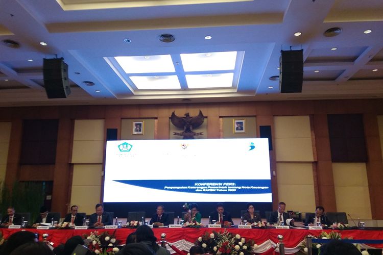 Kementrian di bawah Kementrian Koordinator Bidang Perekonomian menjelaskan tentang Nota Keuangan dan RAPBN 2020 dalam konferensi pers di Jakarta, Jumat (16/8/2019).