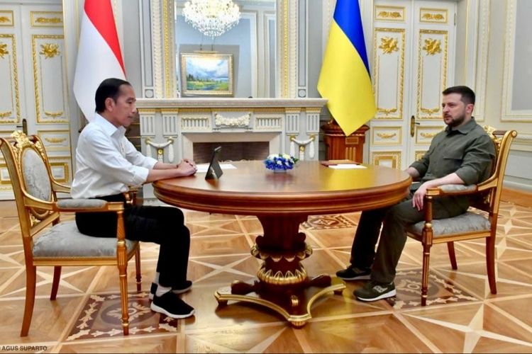 Suasana pertemuan empat mata antara Presiden Ukraina Volodymyr Zelenskyy dan Presiden Joko Widodo di Istana Maryinsky, Kyiv  pada Rabu (29/6/2022).