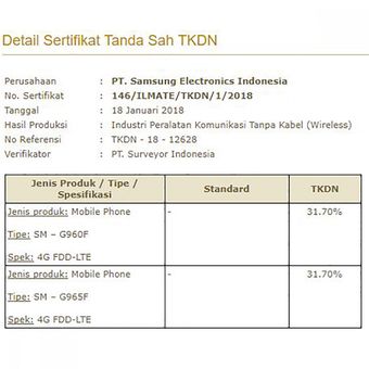 Keterangan pemenuhan syarat TKDN oleh dua ponsel yang diduga merupakan Galaxy S9 dan Galaxy S9 Plus di laman Kementerian Perindustrian.