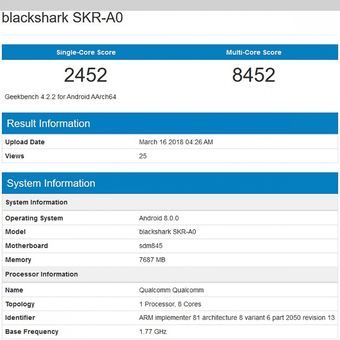 Smartphone Blackshark SKR-A0 dalam sebuah listing database Geekbench.