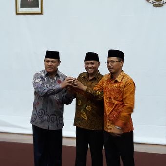 Deputi Penindakan Brigjen (Pol) Firli, Ketua KPK Agus Rahardjo dan Direktur Penuntutan Supardi di Gedung KPK Jakarta, Jumat (6/4/2018).