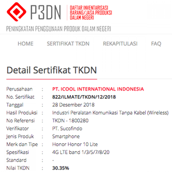 Tampilan sertifikat TKDN Honor 10 Lite di laman P3DN Kementerian Perindustrian.