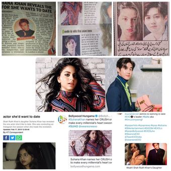 Pemberitaan tentang Suho EXO dan Suhana Khan di berbagai media India.