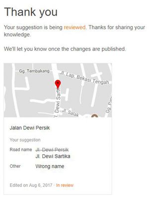 E-mail dari Google yang menyatakan bahwa usulan perubahan nama jalan sudah diterima dan sedang dalam proses peninjauan sebelum diterapkan. 